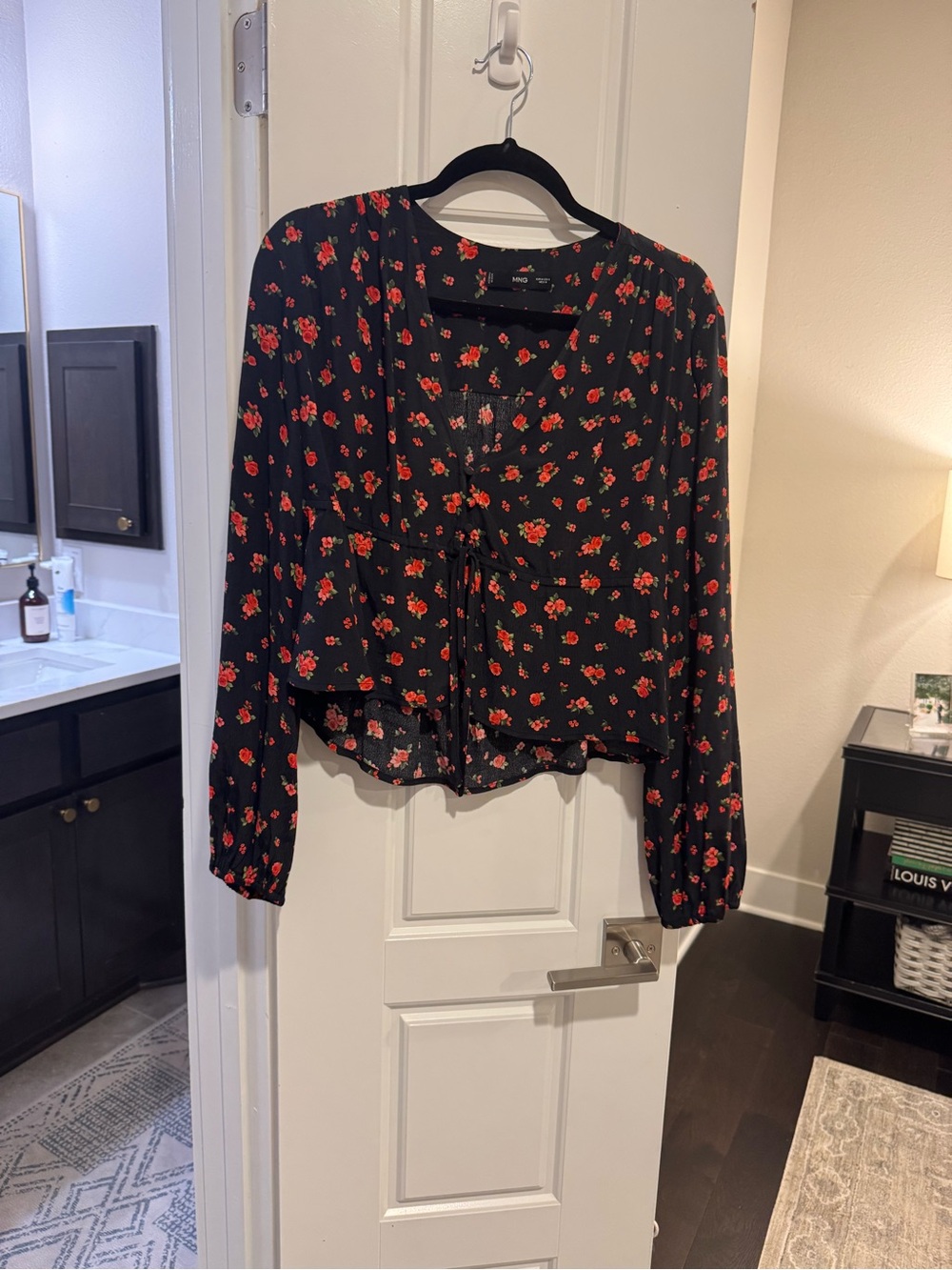 Mango Black Blouse with Red Floral Print and Tie Front